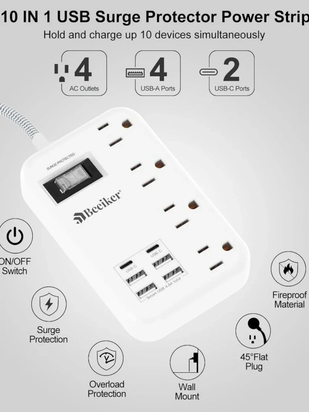 6-Outlet USB Travel Power Strip with 5ft Braided Cord & Surge Protection - Wall